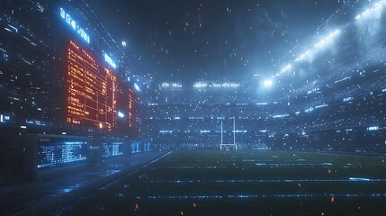 A photograph of a modern rugby stadium with holographic projection of ball and player tracking data near the try line