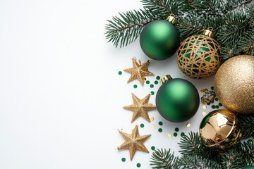 Christmas decorations concept. Top view photo of gold and green baubles balls star ornaments confetti and pine branches on isolated white background with empty space, ai