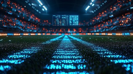 Futuristic rugby stadium with holographic tracking of the ball and real time player stats and analytics projected on the field and in the stands
