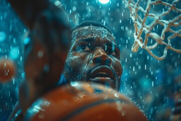 A basketball player jumps towards the hoop in the rain. Concept emphasizes intensity and determination. For sports promotions or motivational content
