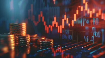 Obraz premium Golden Coins Stacked Against a Red and Blue Financial Chart Background