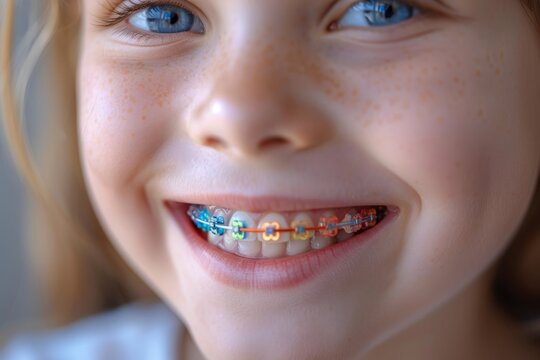 A child with blue eyes smiles, revealing colorful braces on their teeth. Concept of dental care and orthodontics. For a dental clinic advertisement.