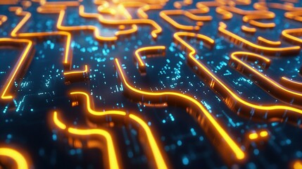 Abstract Digital Circuitry with Glowing Orange Lines