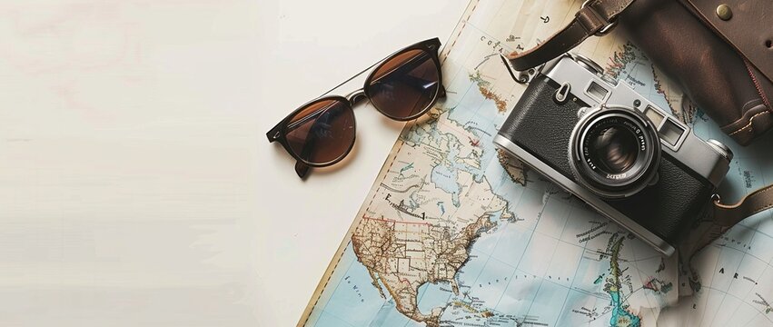 Photo of vintage camera, sunglasses and travel map on white background with space for copy. Web banner with space for text. Top view travel concept