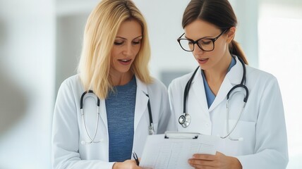 Fototapeta premium Two female doctors review a medical report together, showcasing teamwork and collaboration in a bright, professional healthcare setting.