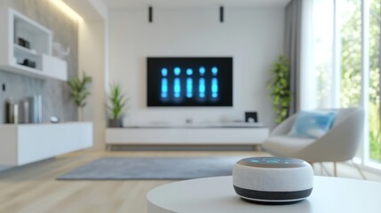 A futuristic AI-driven home automation system, clean living room with integrated smart devices and voice-controlled home management features, Home style