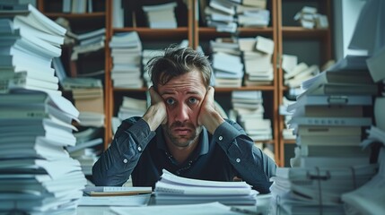 Desperate businessman working in the office and overloaded with work, a pile of documents in front of him