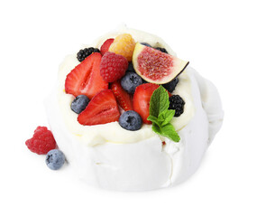 Pavlova cake (meringue dessert) with whipped cream, fresh berries, mint and fig isolated on white