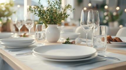 Fototapeta premium Elegant dining experience a beautifully set table ready for guests with fresh greenery and sparkling glassware