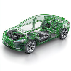 A detailed, green, transparent line drawing of an electric car with a battery and motor, on a white background