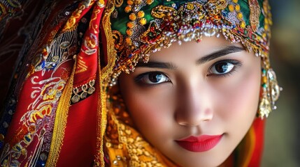 Close-up portrait of a young woman wearing a traditional headdress with intricate embroidery and jewelry. Her eyes are captivating and her expression is serene.