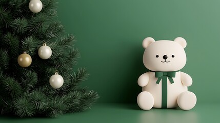 Whimsical christmas decor with a cute plush bear and festive tree in a minimalist setting