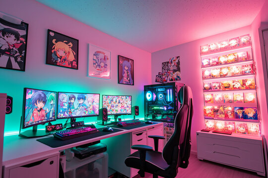 otaku lifestyle showing gaming setup with anime merchandise display, LED ambient lighting