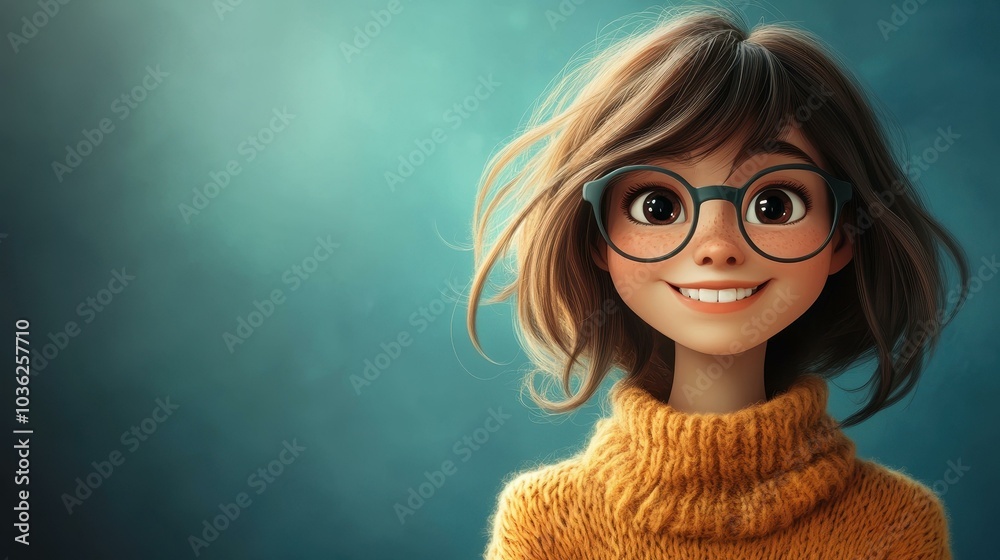 Canvas Prints a cheerful cartoon girl with glasses and brown hair wears a cozy shirt, spreading joy and positivity