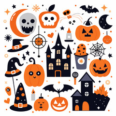 Playful Halloween Icons: Spooky Fun with Pumpkins, Bats, and Ghosts. An autumn postcard design for Scary Halloween with Cute characters. 