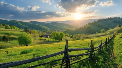 Panorama grassy field and rolling hills. Rural scenery