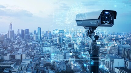 A futuristic AI-driven smart city surveillance system, urban setting with advanced surveillance cameras and monitoring stations, Security style