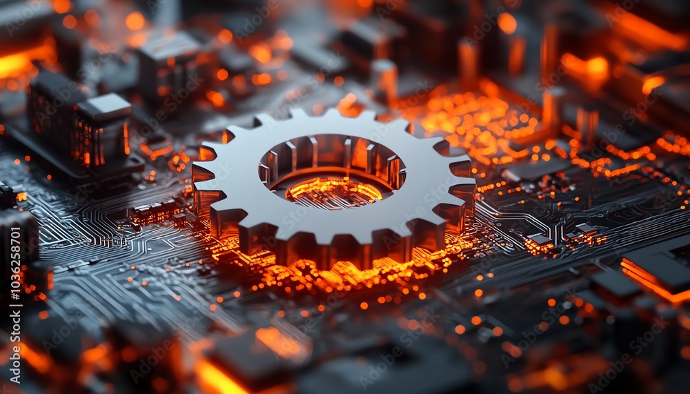 Aufkleber Abstract representation of a 3D white paper gear wheel on a circuit board, illustrating the future of technology and engineering advancements in a vibrant design