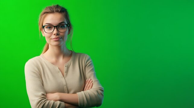 A younger woman with glasses appearing assertive and engaged.