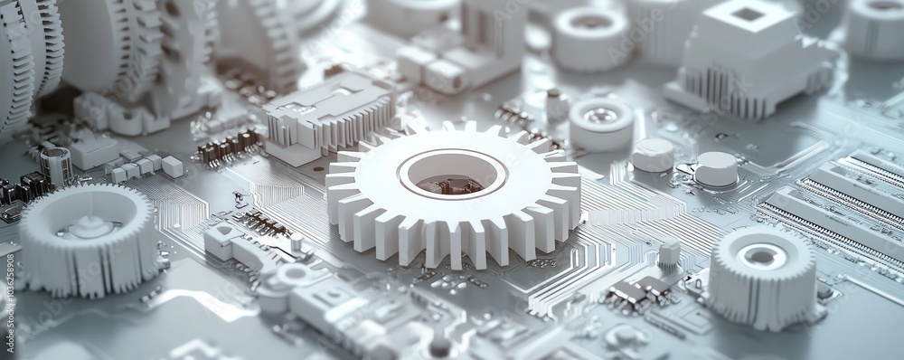 Aufkleber creative abstract design with a 3d white paper gear wheel overlaying a circuit board, representing c