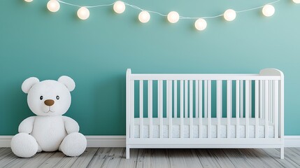 Charming nursery setup with cozy teddy bear and soft lighting for a welcoming baby room