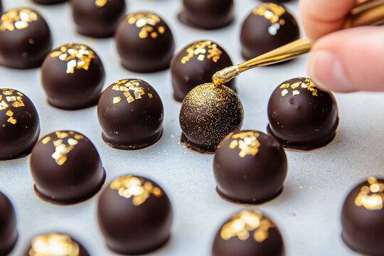 astry chef applying edible gold shimmer to dark chocolate truffles