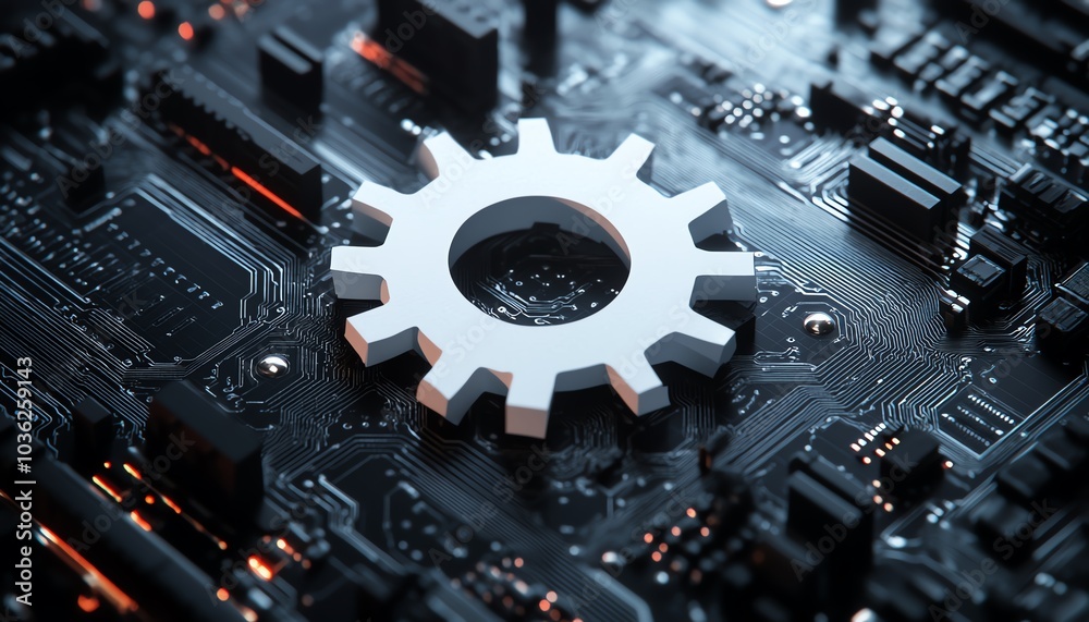 Poster futuristic vector design featuring a 3d white paper gear wheel integrated with a circuit board backg