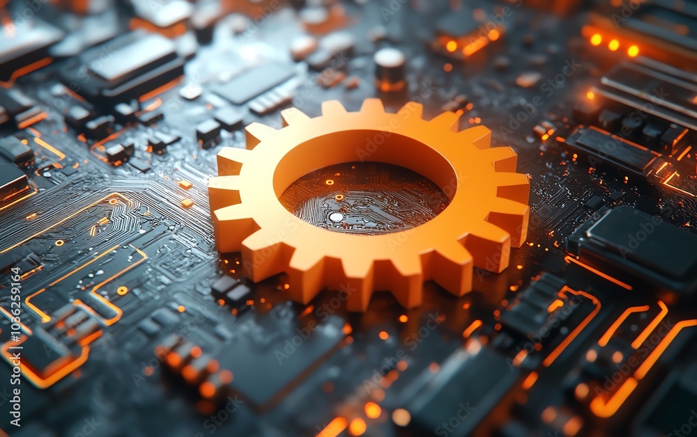 Leinwandbilder futuristic vector illustration of a 3d paper gear wheel on a circuit board, symbolizing the intersec