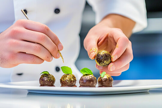 astry chef applying edible gold shimmer to dark chocolate truffles