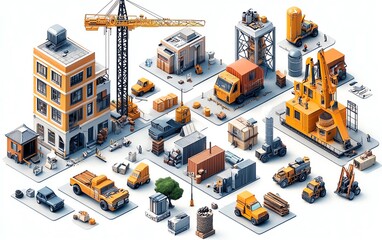 Isometric projection collection featuring an industrial environment with houses, buildings, cranes, and cars, ideal for design inspiration and development