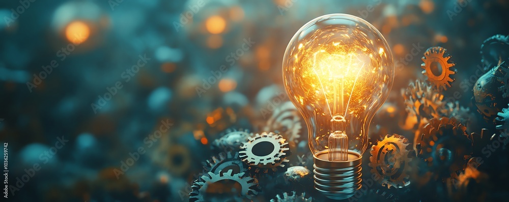 Leinwandbilder light bulb surrounded by gears and cogs, symbolizing the innovative collaboration between creativity