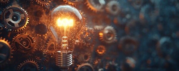 Light bulb surrounded by gears and cogs, symbolizing the innovative collaboration between creativity and technology, perfect for modern design themes