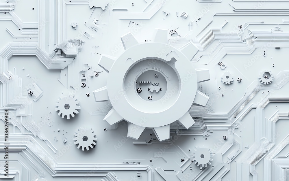 Poster sleek abstract illustration showcasing a 3d white paper gear wheel and circuit board, emphasizing th