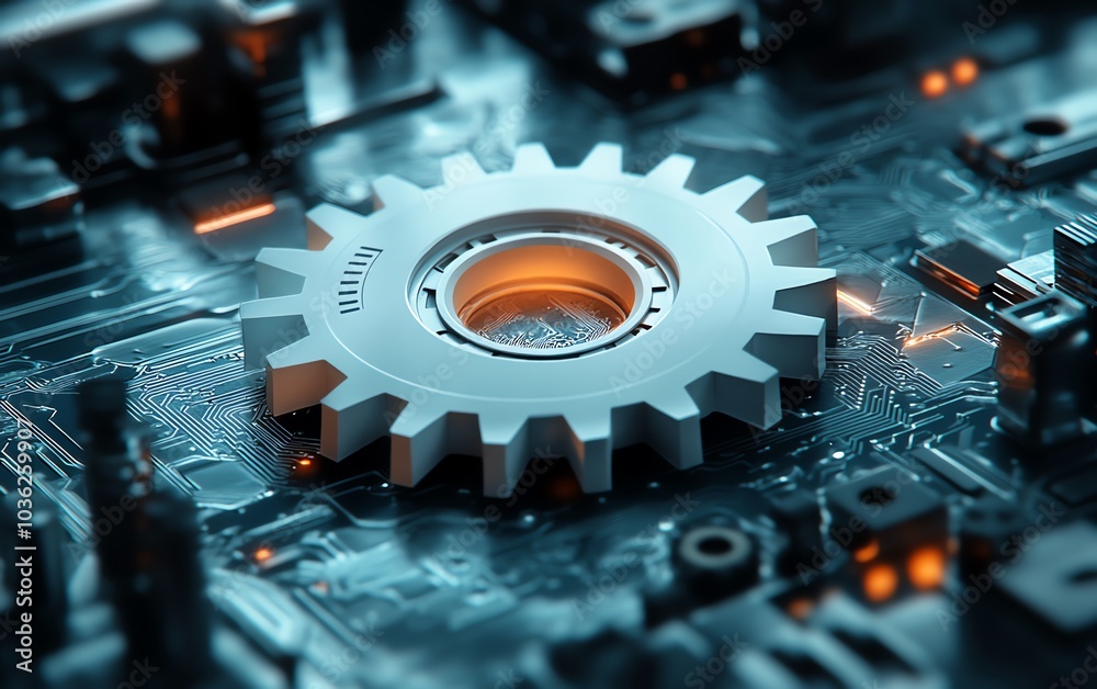 Poster sleek abstract illustration showcasing a 3d white paper gear wheel and circuit board, emphasizing th