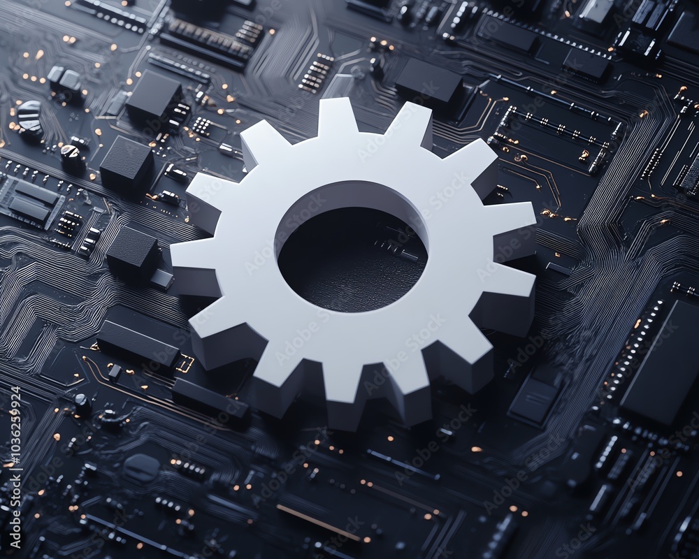 Poster stylish abstract illustration of a 3d white paper gear wheel set against a circuit board backdrop, h