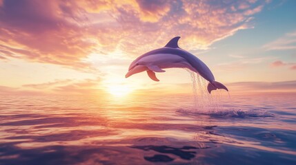 Fototapeta premium Dolphin Leaping at Sunrise Over Calm Ocean Waves