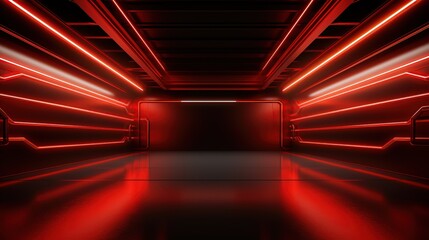 Modern garage background, futuristic warehouse with red neon lighting. 