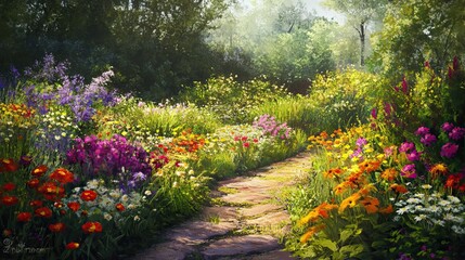 Sunlit Path Through a Blooming Wildflower Garden
