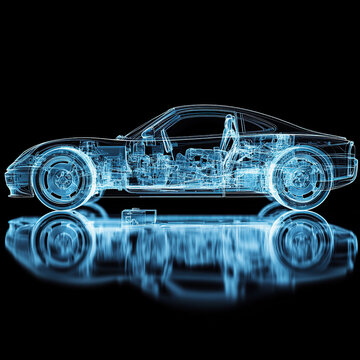 A car's internal structure is displayed in an X-ray style, with blue and white colors against a black background