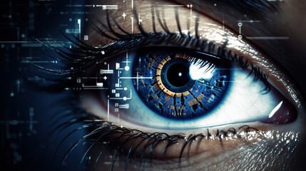 Obraz premium Close up of woman eye in process of scanning. Hi tech biometric security scan.