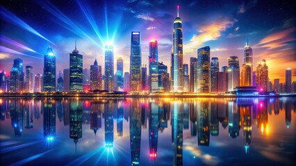 Fototapeta premium rendered of a vibrant futuristic city skyline with glowing lights and reflections on buildings, futuristic, cityscape