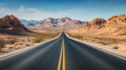 Naklejka premium A long, empty road stretches through a desert landscape with mountains.