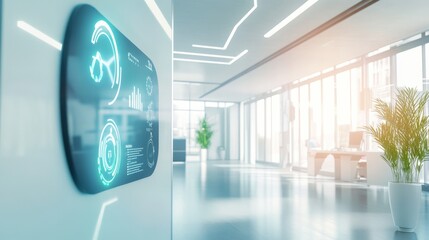 A futuristic AI-powered climate control system for smart buildings, modern office environment with interactive climate control interfaces and sensors, Sustainable style