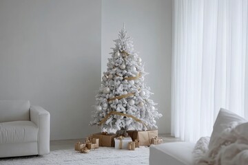 Snow-white Christmas tree, luxury, decorated with a golden garland, with gifts for the day in a stylish light interior, Scandinavian minimalism. Merry christmas, cozy at home, living space living , ai