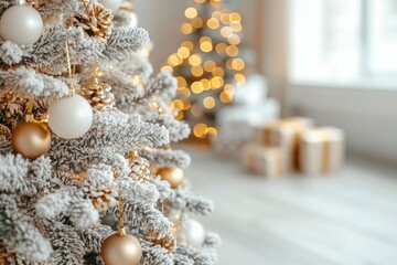 Snow-white Christmas tree, luxury, decorated with a golden garland, with gifts for the day in a stylish light interior, Scandinavian minimalism. Merry christmas, cozy at home, living space living , ai