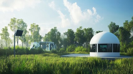 A futuristic AI-powered environmental monitoring station, open landscape with real-time data collection devices, Environmental style