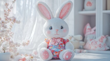 A plush white bunny toy with pink ears and a colorful floral dress sits on a white floor with a white shelf and a flowering branch in the background.