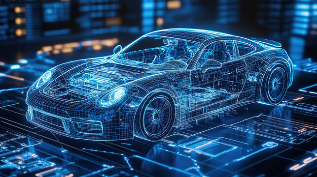 A car with an industrial blueprint is shown in a blue wireframe hologram style on the background of digital technology and circuit board