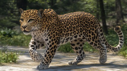 Obraz premium A majestic leopard walks through a lush green forest, its spotted coat blending seamlessly with the dappled sunlight.