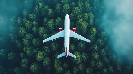 Aerial View of Airplane Over Lush Green Forest